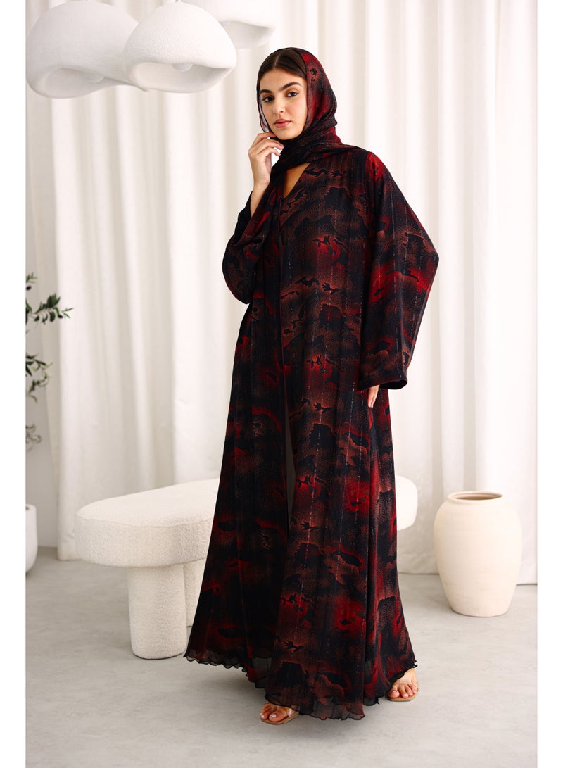 IKKXA Modern Shadow Prints Elegant Red Abaya ABY1206 Red - Image 1